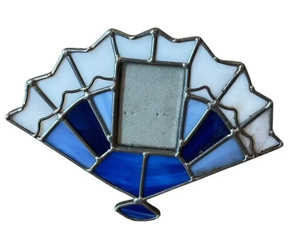 STAINED GLASS BLUE WHITE FAN SHAPE PICTURE FRAME 6